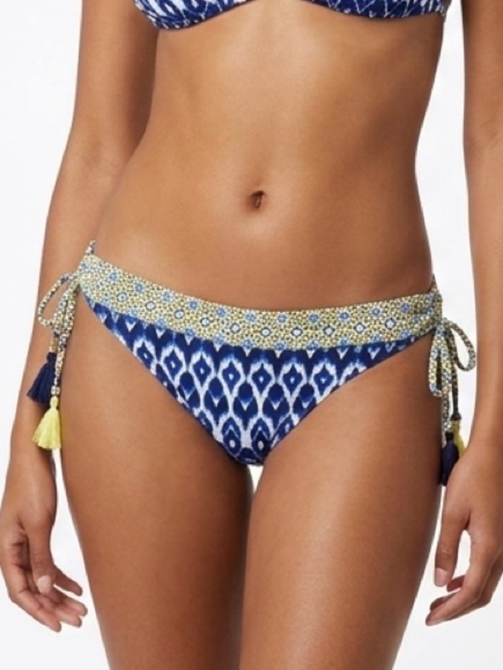 Bleu by Rod Beattie Blue & Yellow Ikat Tassel Tie-Side Bikini Bottoms 4 Like New